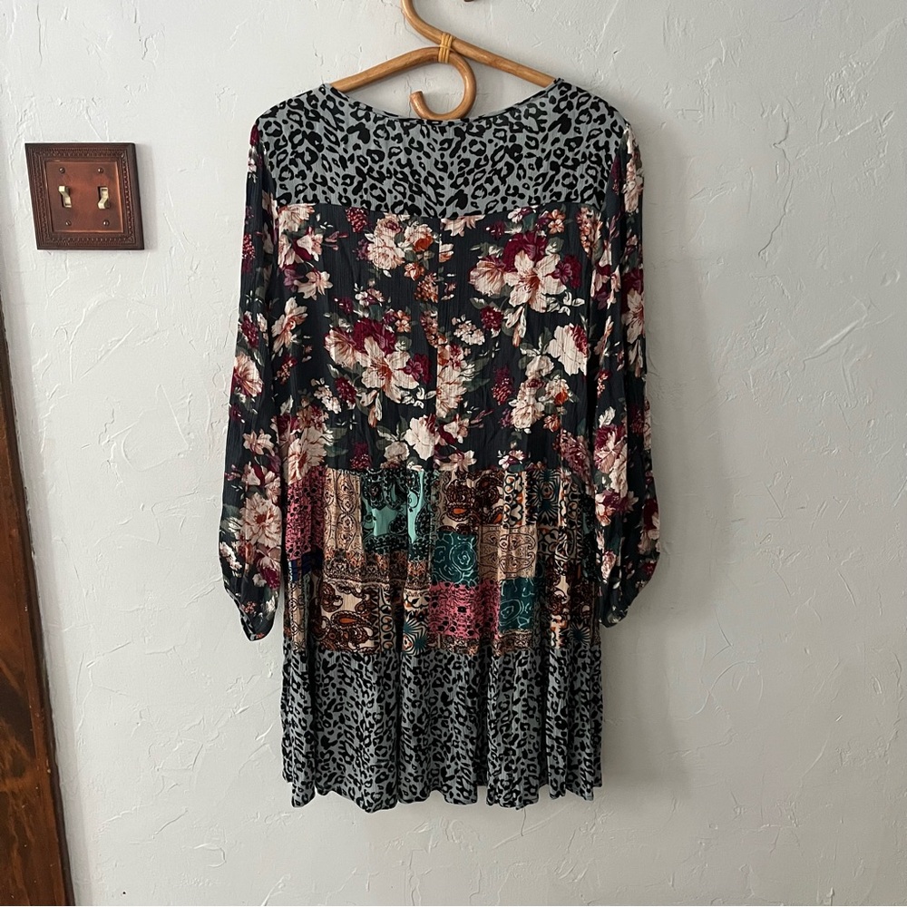Umgee Floral Boho Bohemian Long Sleeve Mini Tunic Dress Patchwork Animal Print M - Picture 2 of 7